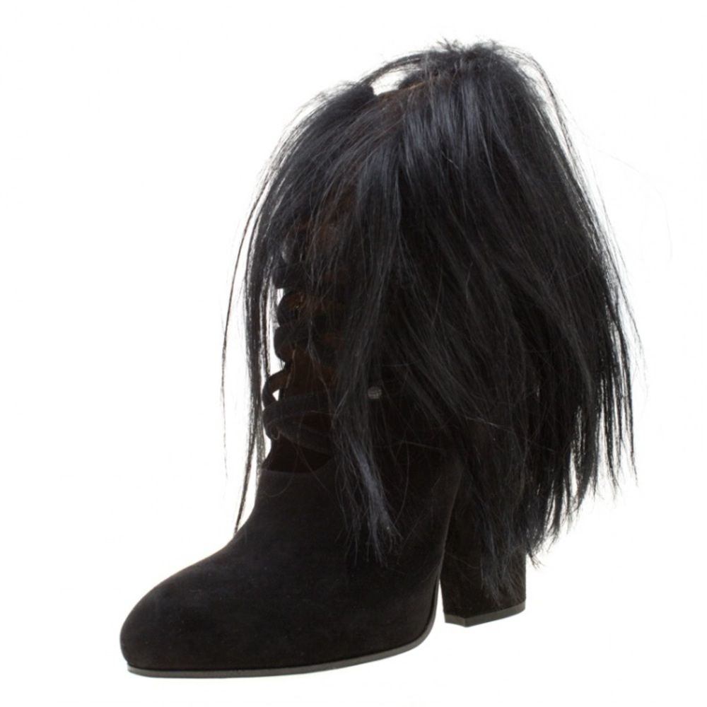 NIB Bottega Veneta Black Suede and Fur Criss Cross Ankle Boots Size 36